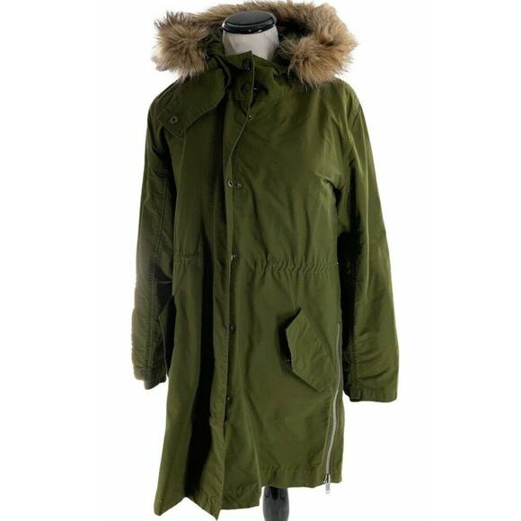 Madewell Coat Womens Size Small Olive Green Cotton Faux Fur Hooded Parka Jacket - Picture 1 of 12